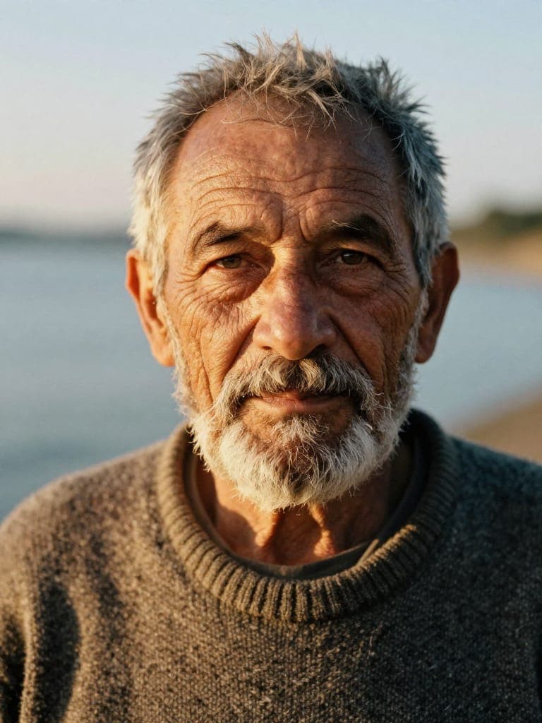 Photorealistic portrait of an elderly fisherman with weathered skin and a silver beard, wearing a wool sweater, golden hour light raking across his face, shallow depth of field, 85mm lens, film grain, quiet dignity in his eyes