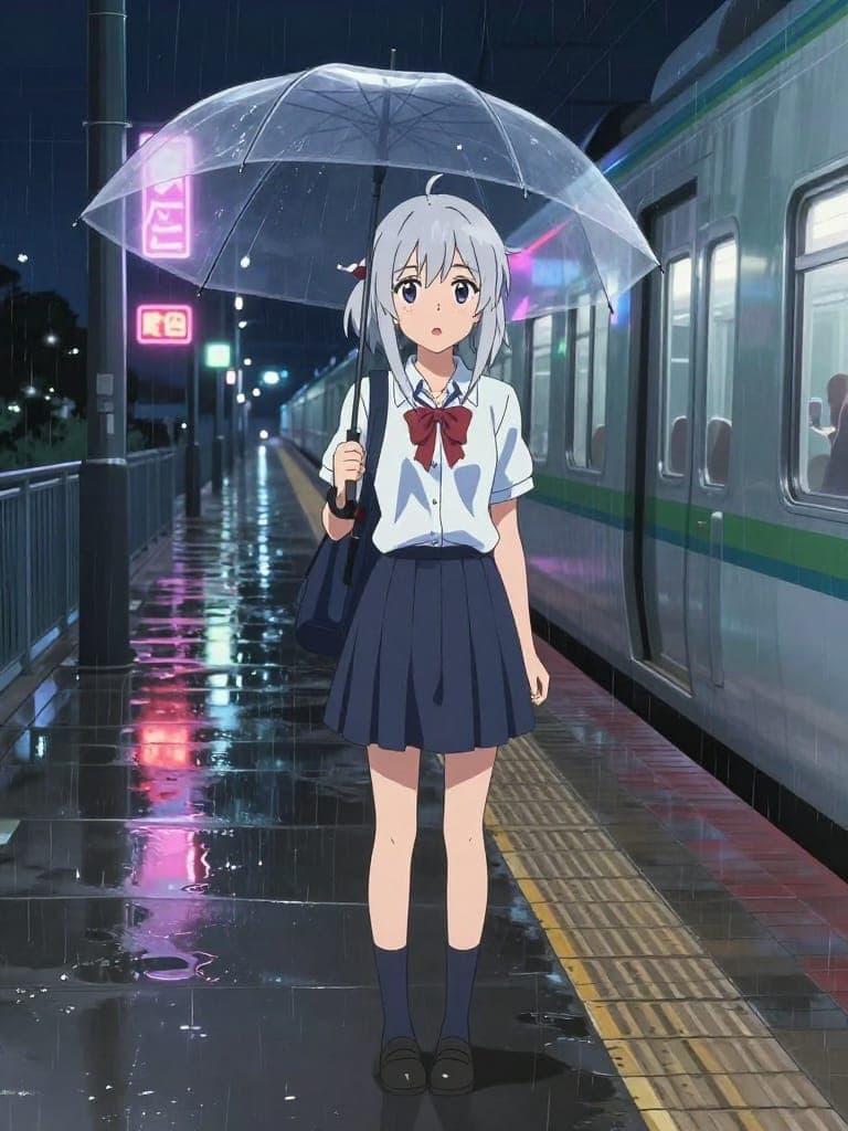 Anime illustration of a girl with silver hair standing on a rainy train platform at night, holding a transparent umbrella, neon signs reflecting in puddles, cinematic composition, detailed background art, Makoto Shinkai style lighting