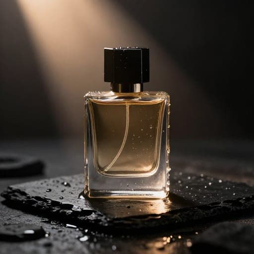 Luxury product photography of a glass perfume bottle on wet black slate, a single ray of warm light cutting through mist, water droplets on glass, dark moody background, ultra sharp studio detail, high-end commercial advertising style