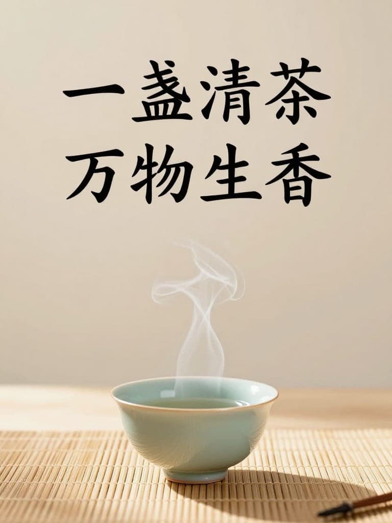 Elegant Chinese tea culture poster with large calligraphy text “一盏清茶 万物生香”, a celadon teacup with rising steam on a bamboo mat, soft morning light, minimalist oriental design, generous negative space, warm beige palette