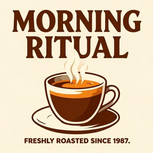 Vintage-style coffee brand poster with bold serif text “MORNING RITUAL” and small tagline “FRESHLY ROASTED SINCE 1987”, illustrated espresso cup with steam swirls, cream and burnt-orange palette, textured paper background, mid-century print design