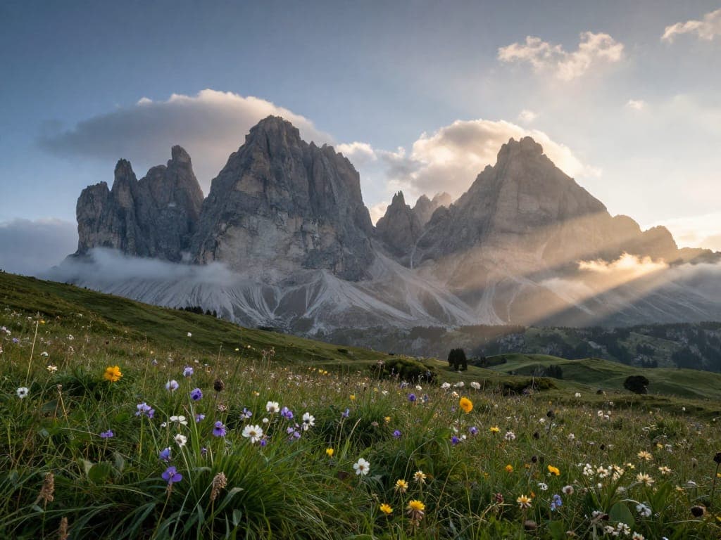 Sweeping landscape photograph of the Dolomites at dawn, low clouds drifting through jagged peaks, alpine meadow with wildflowers in the foreground, dramatic god rays, ultra wide angle, crisp atmospheric perspective, National Geographic quality
