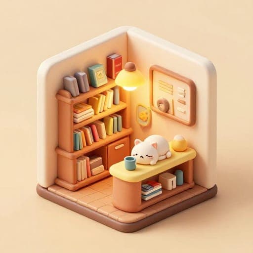 Cute isometric 3D render of a tiny cozy bookshop interior, warm lamp glow, miniature bookshelves and a sleeping cat on the counter, soft clay material, pastel colors, blender octane render, extremely detailed, charming diorama feel