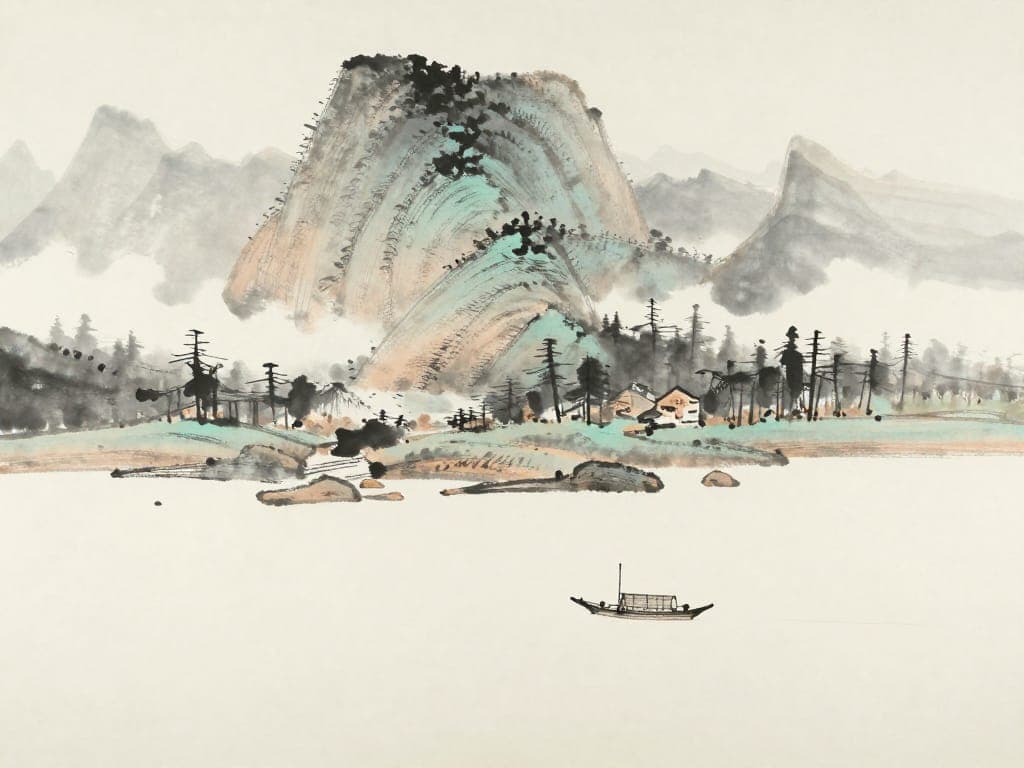 Traditional Chinese ink wash painting of misty mountains and a lone fishing boat on a wide river, sparse brush strokes, subtle gradations of black ink with a hint of teal, vast negative space, poetic and serene, Song dynasty landscape style