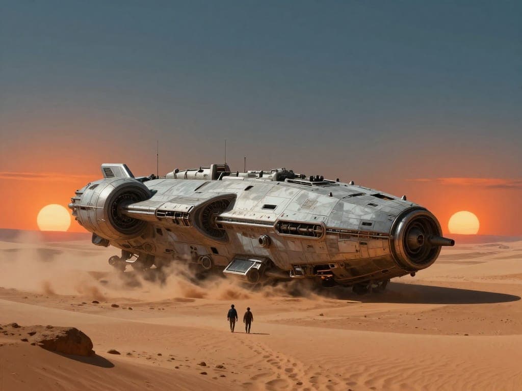 Epic sci-fi concept art of a colossal derelict spaceship half-buried in a desert planet, two tiny explorers walking toward it, twin suns setting on the horizon, blowing sand, cinematic scale, matte painting quality, muted orange and steel-blue palette