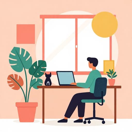 Flat vector illustration of a remote worker at a sunny home desk with a laptop, monstera plant and a cat on the windowsill, geometric shapes, limited palette of coral, mustard and teal, clean lines, modern editorial style, subtle grain texture