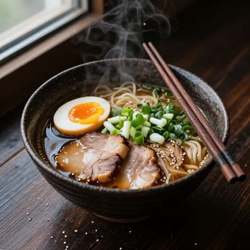 Overhead food photography of a rustic ramen bowl with soft-boiled egg, chashu pork and spring onions, chopsticks resting on the bowl, steam rising, dark wooden table with scattered sesame seeds, moody natural window light, rich color and texture