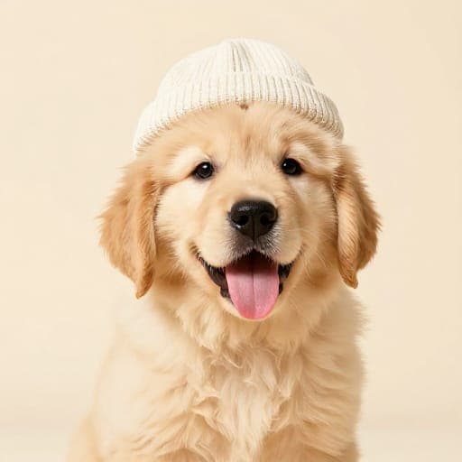 Studio pet portrait of a golden retriever puppy wearing a tiny knitted beanie, tongue out, seamless warm cream background, soft key light with catchlights in the eyes, ultra sharp fur detail, joyful expression, professional animal photography