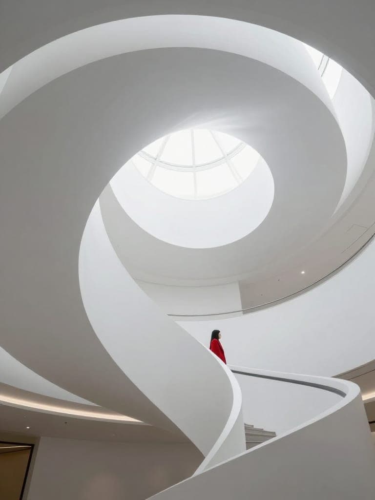 Minimalist architectural photography looking up at a white spiral staircase inside a modern museum, soft diffused skylight, elegant curves and clean geometry, a single figure in a red coat on the stairs for scale, high-key composition