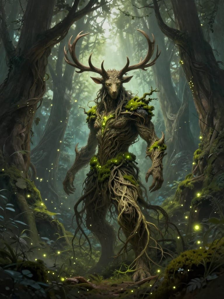 Fantasy concept art of a forest guardian spirit, an antlered figure woven from roots and glowing moss, fireflies drifting around, ancient trees forming a natural cathedral, volumetric light beams, intricate detail, painterly brushwork, ethereal mood