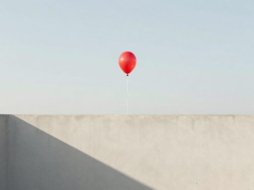 Minimalist composition of a single red balloon floating above an endless pale concrete wall, hard midday shadow cast diagonally, vast empty sky, surreal and quiet, perfect symmetry broken by one element, fine art photography, muted tones